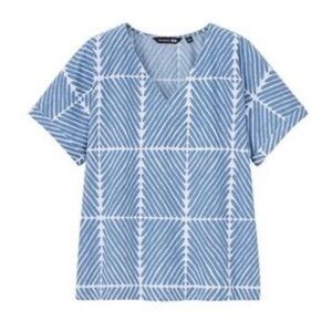 Marimekko Navy Blue & White V-Neck Short Sleeve Cotton Shirt